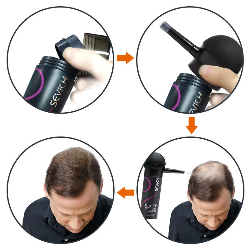 Hair Building Fiber Powder with Ten Shade Options from Black to White, Sevich Source Reference and Applicator Spray Wording for Cosmetic Hair Appearance