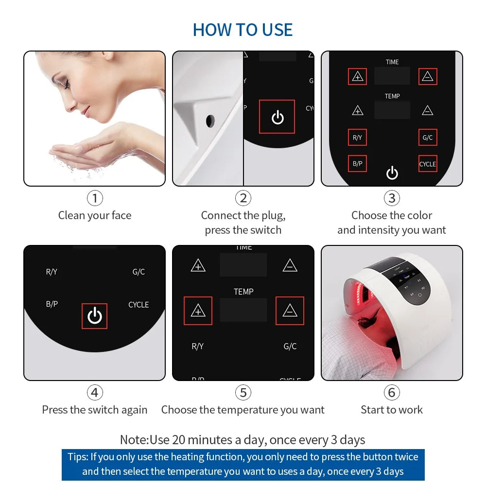 LED Beauty Light Machine with Foldable Face and Body Design, Seven Color and Heating Model References, Eye Protection and Regional Plug Options