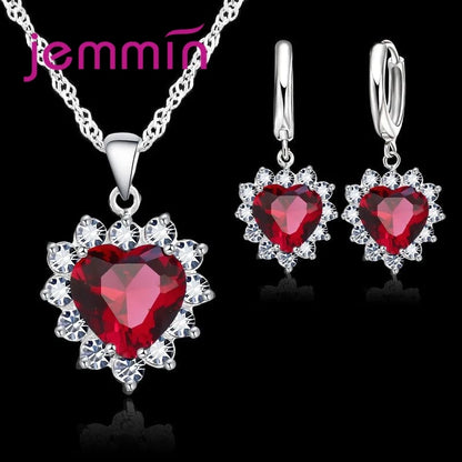 Heart Pendant Jewelry Set with Hoop Earrings and Listed Cubic Zircon Stones, Silver-Color Finish and Ten Gem Color Options for Wedding, Party and Anniversary Styling