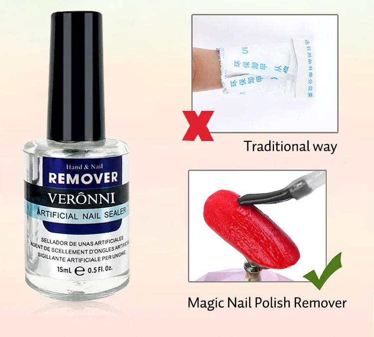 Gel Nail Polish Remover with Listed 15ml Bottle Size, Magic Remover Reference and Single or Two-Piece Selection Labels for Adult Manicure Removal