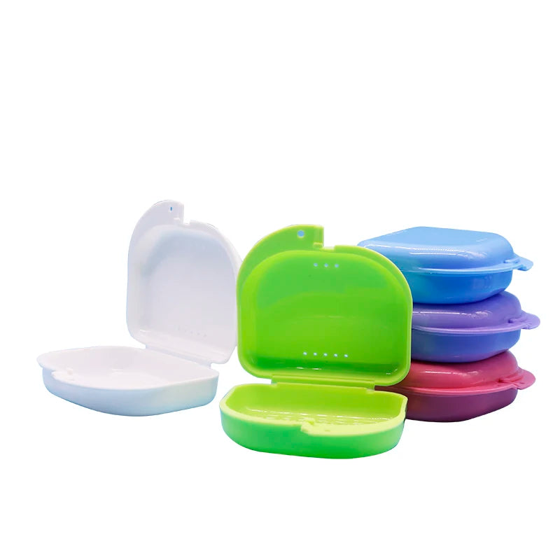 Hinged Retainer Storage Boxes, 50-Pack Vented Polypropylene Cases with Snap Closure for Compatible Mouth Guards and Dentures, Seven Colors or Random Mixed Pack