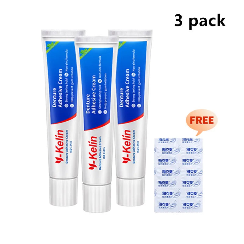Denture Adhesive Cream Three-Pack by Y-Kelin, Three 40g Tubes with Listed Minty Taste and Non-Zinc Formula for Label-Guided Full and Partial Denture Care