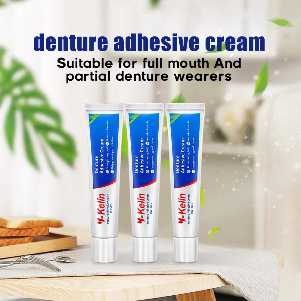 Denture Adhesive Cream Three-Pack by Y-Kelin, Three 40g Tubes with Listed Minty Taste and Non-Zinc Formula for Label-Guided Full and Partial Denture Care