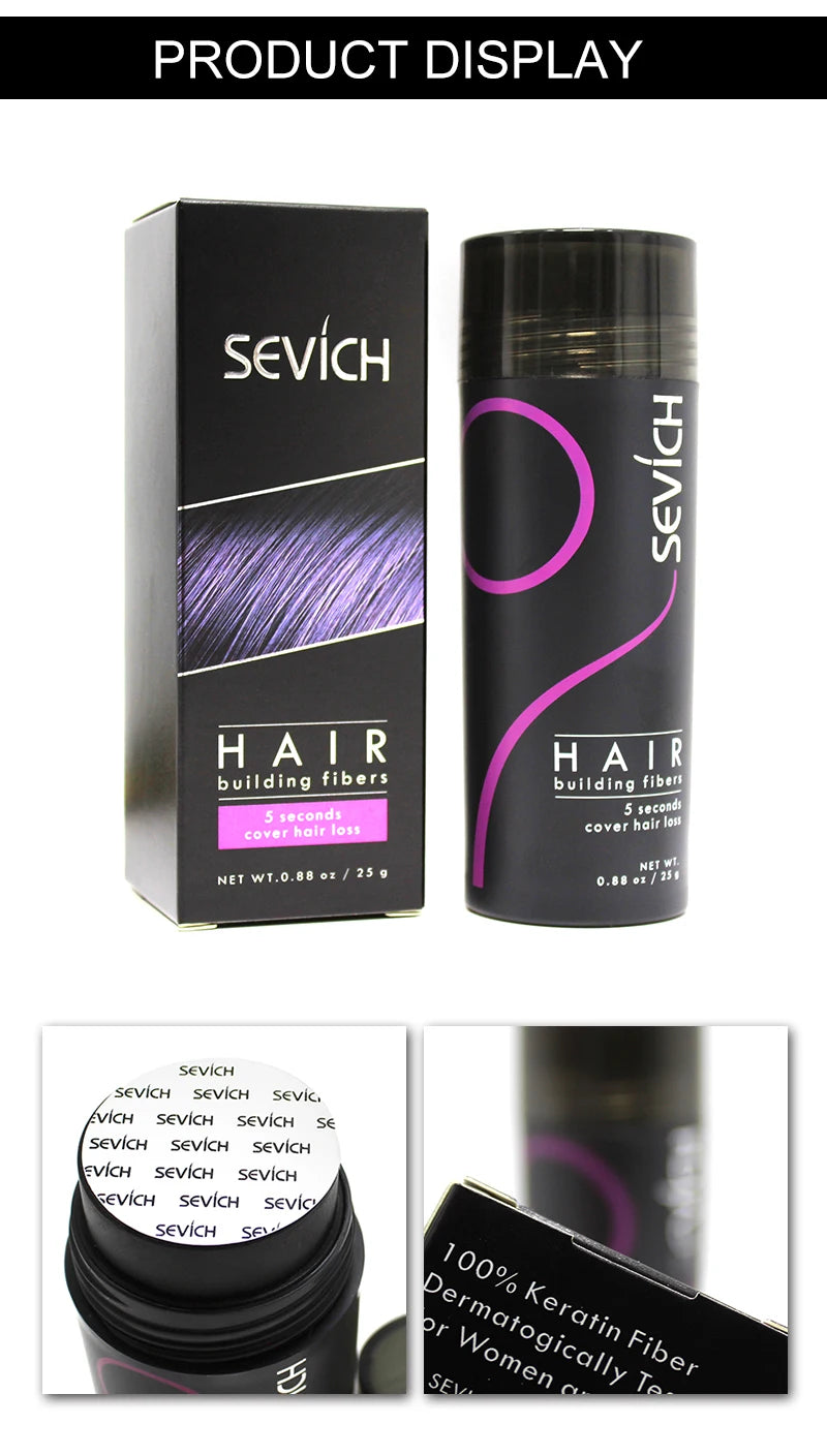 Hair Building Fiber Powder with Ten Shade Options from Black to White, Sevich Source Reference and Applicator Spray Wording for Cosmetic Hair Appearance