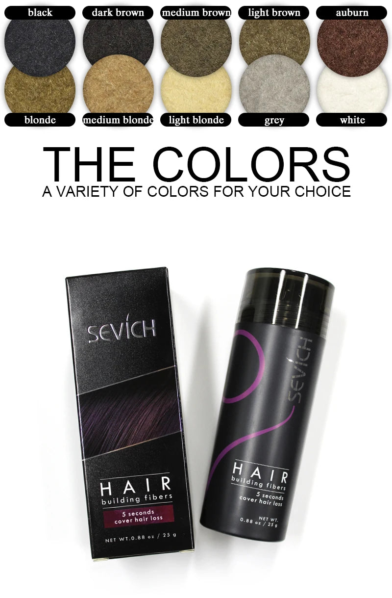 Hair Building Fiber Powder with Ten Shade Options from Black to White, Sevich Source Reference and Applicator Spray Wording for Cosmetic Hair Appearance