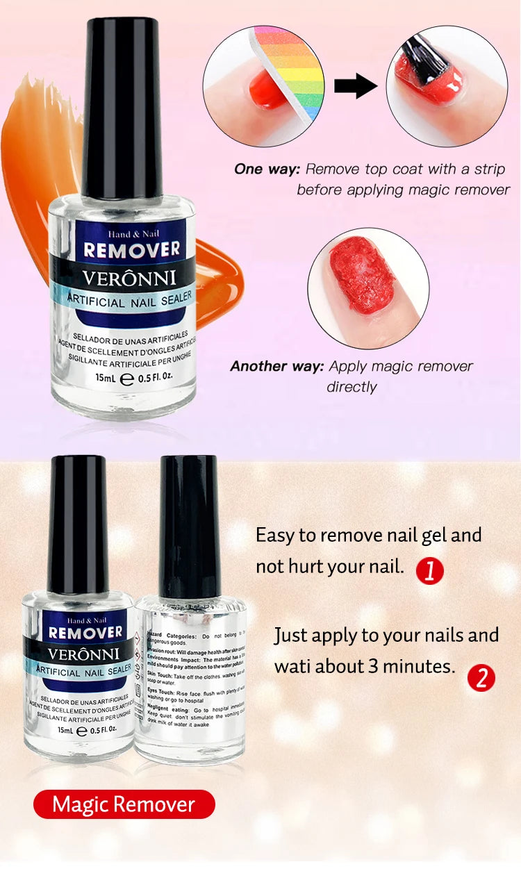 Gel Nail Polish Remover with Listed 15ml Bottle Size, Magic Remover Reference and Single or Two-Piece Selection Labels for Adult Manicure Removal