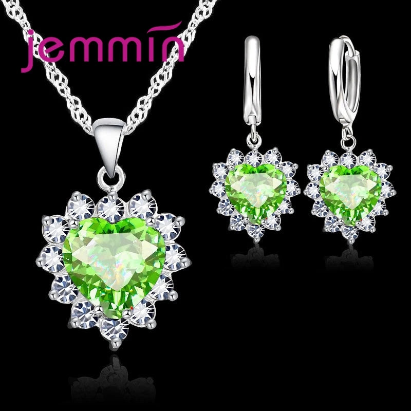 Heart Pendant Jewelry Set with Hoop Earrings and Listed Cubic Zircon Stones, Silver-Color Finish and Ten Gem Color Options for Wedding, Party and Anniversary Styling