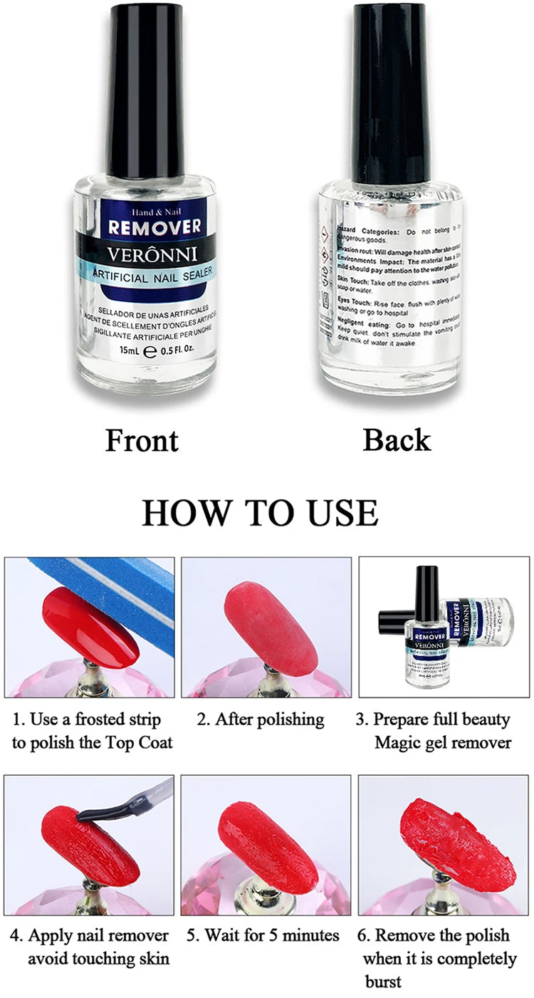 Gel Nail Polish Remover with Listed 15ml Bottle Size, Magic Remover Reference and Single or Two-Piece Selection Labels for Adult Manicure Removal