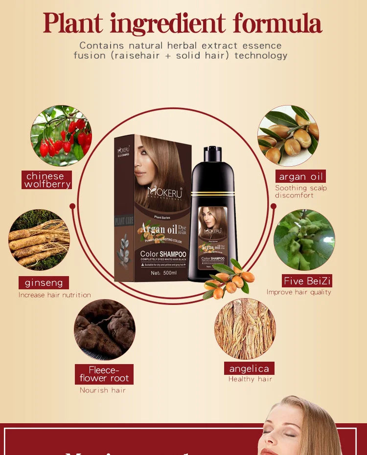 Hair Dye Shampoo by Mokeru with Listed Argan Oil, Black Brown Red Purple and Silver Gray Shade Options for Adult At-Home Hair Coloring Routines