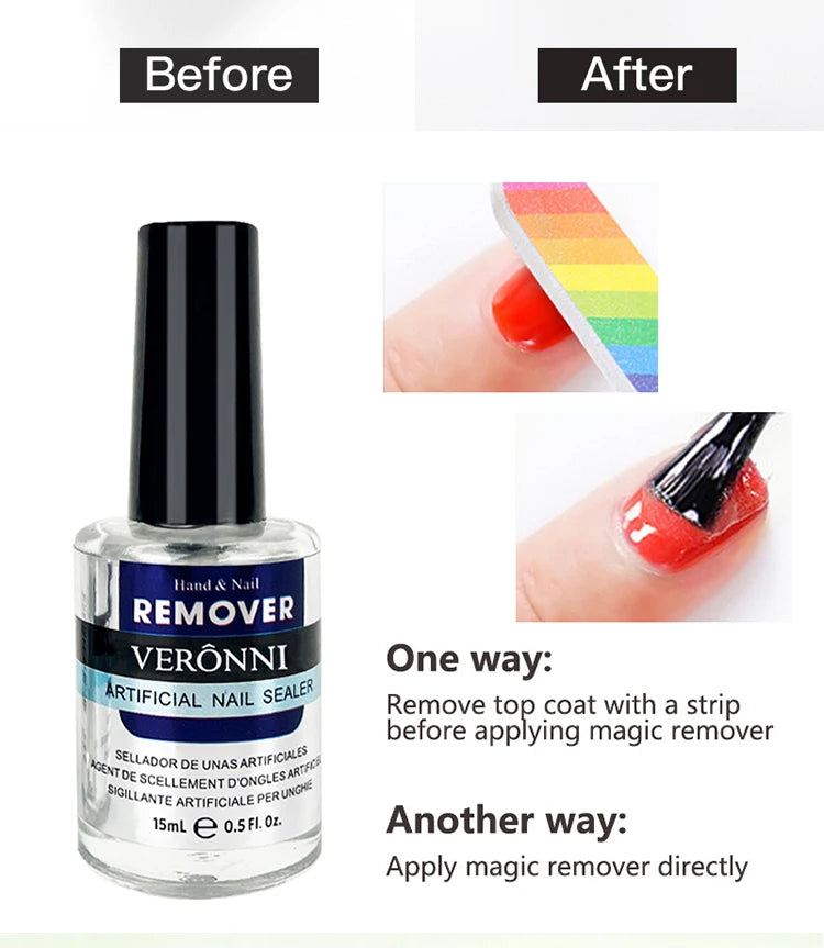 Gel Nail Polish Remover with Listed 15ml Bottle Size, Magic Remover Reference and Single or Two-Piece Selection Labels for Adult Manicure Removal