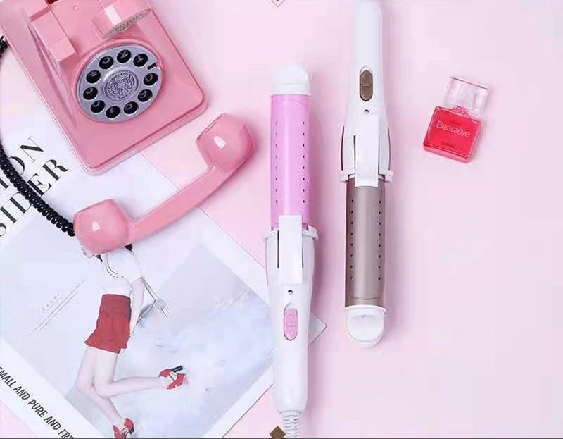 LCD Temperature-Control Curling Iron with Separate 9–38mm Ceramic Barrel Options or Pink and Golden Curl-Straight Combo Styles for Adult Hair Styling