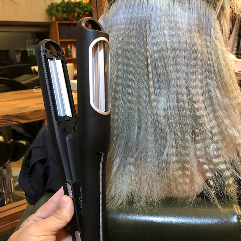 Hair Crimping Iron with Ceramic Tourmaline Coating and PTC Heating, Gold or Black Options with Five Listed Temperature Settings and Regional Plug Choices