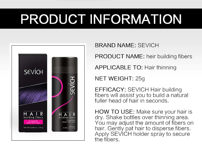 Hair Building Fiber Powder with Ten Shade Options from Black to White, Sevich Source Reference and Applicator Spray Wording for Cosmetic Hair Appearance