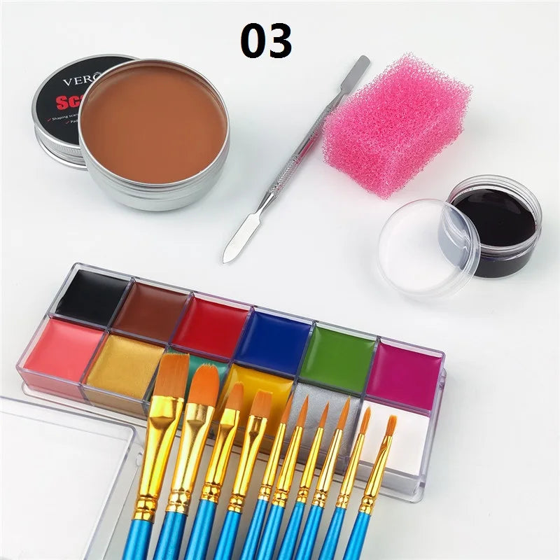 Oil Based SFX Face Paint and Makeup Kit Options with 42g or 96g Paint Labels, Brush Set Choices and Scar Wax References for Halloween and Stage Costumes