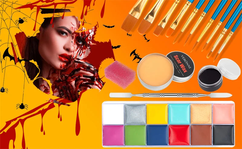 Oil Based SFX Face Paint and Makeup Kit Options with 42g or 96g Paint Labels, Brush Set Choices and Scar Wax References for Halloween and Stage Costumes