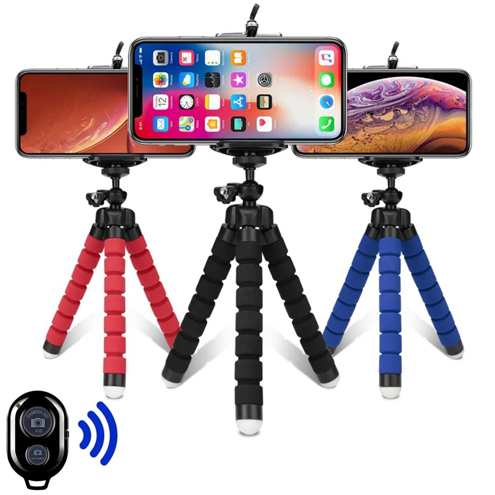 Mini Phone Tripod with Flexible Legs, Rubberized Rings and Removable Camera Link, Blue, Black or Red with Selected Remote Options for Tabletop Photography