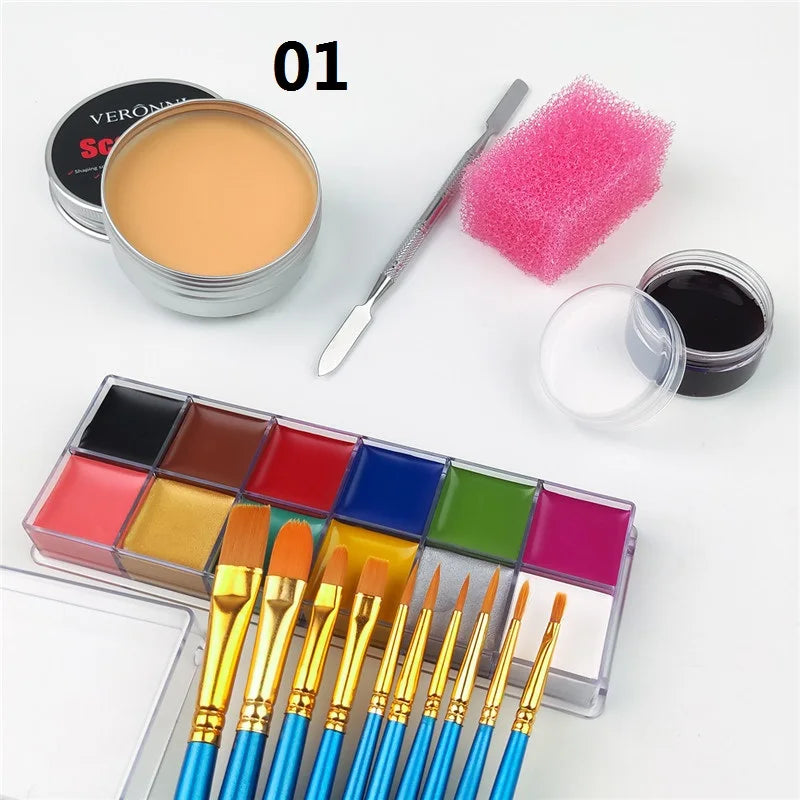 Oil Based SFX Face Paint and Makeup Kit Options with 42g or 96g Paint Labels, Brush Set Choices and Scar Wax References for Halloween and Stage Costumes