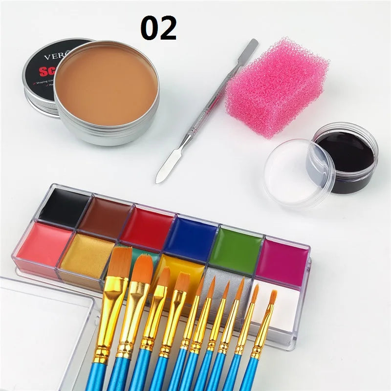 Oil Based SFX Face Paint and Makeup Kit Options with 42g or 96g Paint Labels, Brush Set Choices and Scar Wax References for Halloween and Stage Costumes
