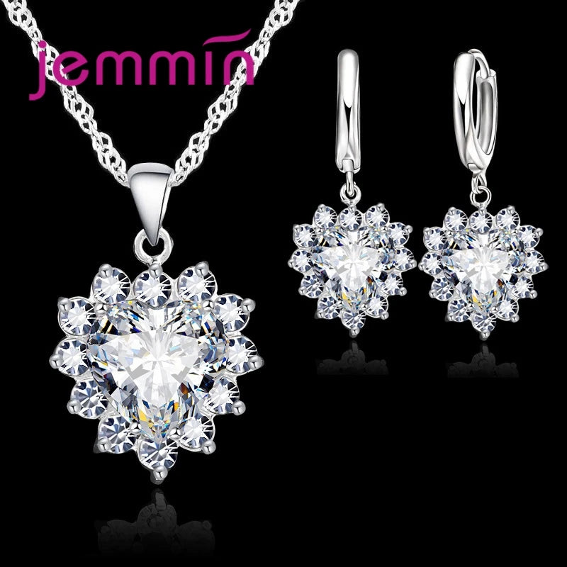 Heart Pendant Jewelry Set with Hoop Earrings and Listed Cubic Zircon Stones, Silver-Color Finish and Ten Gem Color Options for Wedding, Party and Anniversary Styling