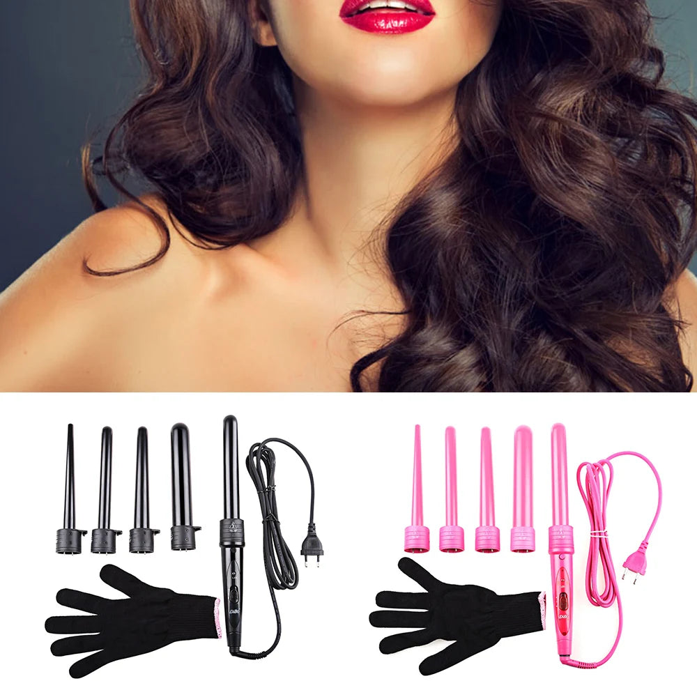 Interchangeable Curling Wand Kit, Black 5-in-1 Hair Styler with Ceramic Tourmaline Reference, Five Curling Tubes, 19mm, 25mm and 32mm Size Labels and Swivel Cord
