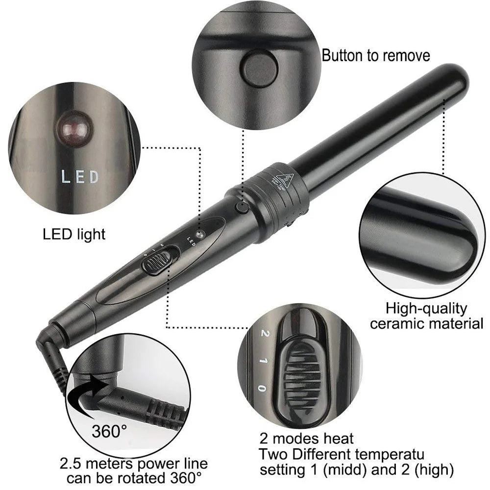 Interchangeable Curling Wand Kit, Black 5-in-1 Hair Styler with Ceramic Tourmaline Reference, Five Curling Tubes, 19mm, 25mm and 32mm Size Labels and Swivel Cord