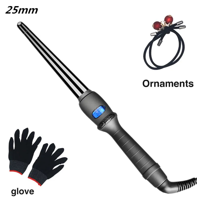 Conical Curling Wand with Ceramic Glaze and Digital Temperature Display, 19mm 25mm or 32mm Options, Adjustable Heat and Swivel Cord for Hair Styling