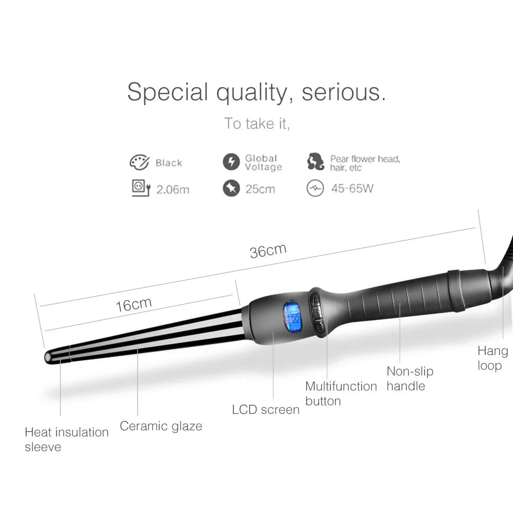 Conical Curling Wand with Ceramic Glaze and Digital Temperature Display, 19mm 25mm or 32mm Options, Adjustable Heat and Swivel Cord for Hair Styling