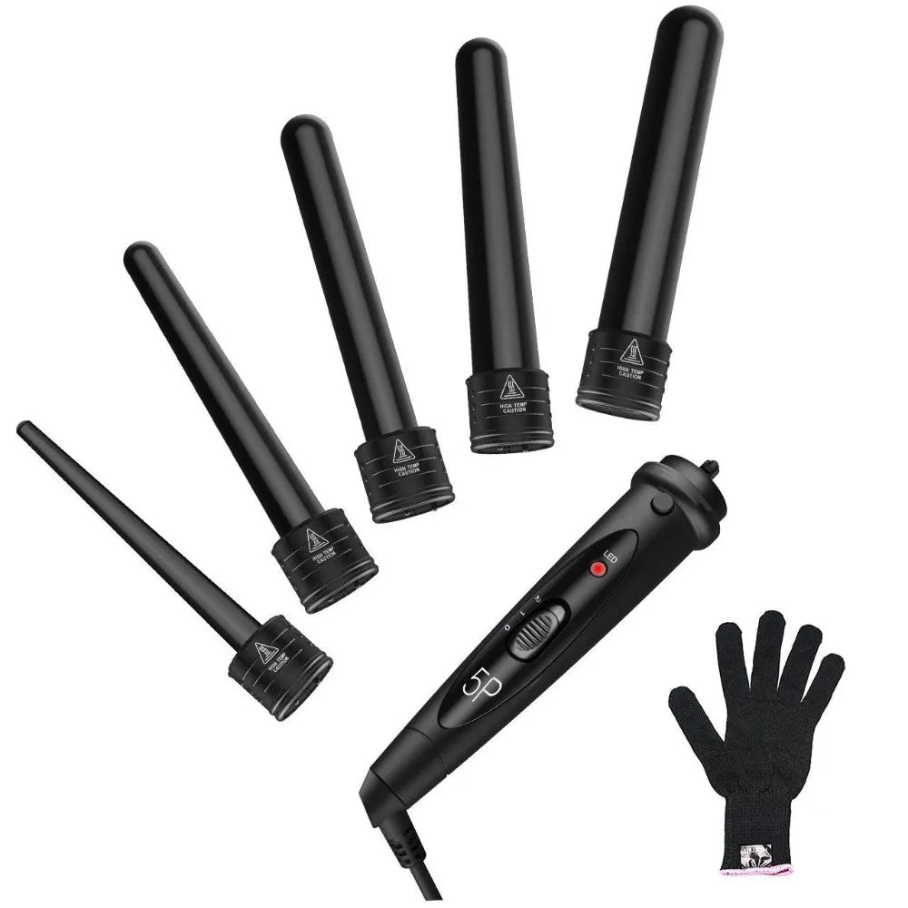 Interchangeable Curling Wand Kit, Black 5-in-1 Hair Styler with Ceramic Tourmaline Reference, Five Curling Tubes, 19mm, 25mm and 32mm Size Labels and Swivel Cord