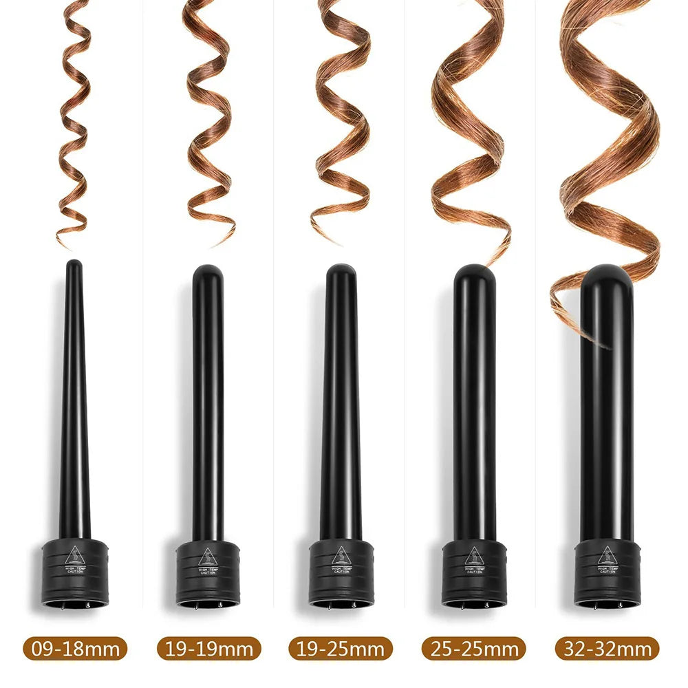 Interchangeable Curling Wand Kit, Black 5-in-1 Hair Styler with Ceramic Tourmaline Reference, Five Curling Tubes, 19mm, 25mm and 32mm Size Labels and Swivel Cord