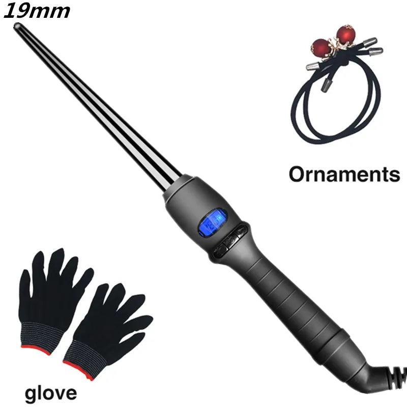 Conical Curling Wand with Ceramic Glaze and Digital Temperature Display, 19mm 25mm or 32mm Options, Adjustable Heat and Swivel Cord for Hair Styling