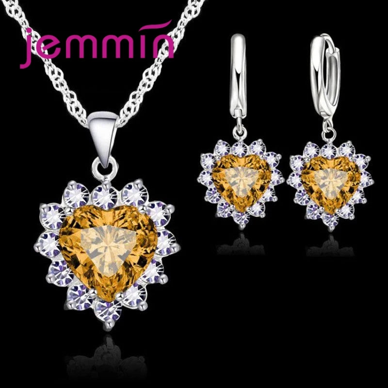 Heart Pendant Jewelry Set with Hoop Earrings and Listed Cubic Zircon Stones, Silver-Color Finish and Ten Gem Color Options for Wedding, Party and Anniversary Styling