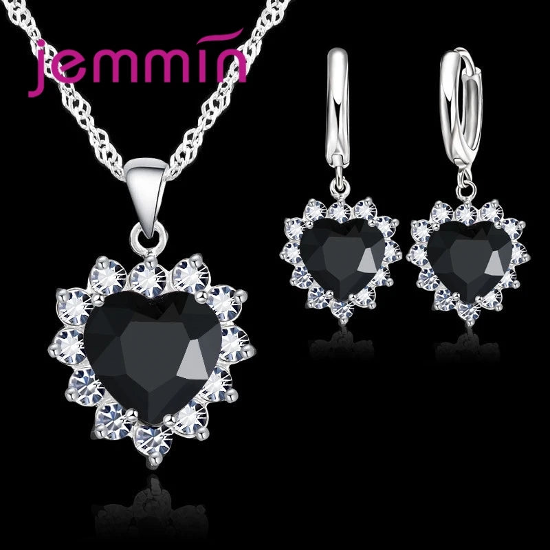 Heart Pendant Jewelry Set with Hoop Earrings and Listed Cubic Zircon Stones, Silver-Color Finish and Ten Gem Color Options for Wedding, Party and Anniversary Styling
