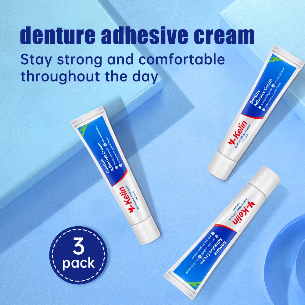 Denture Adhesive Cream Three-Pack by Y-Kelin, Three 40g Tubes with Listed Minty Taste and Non-Zinc Formula for Label-Guided Full and Partial Denture Care