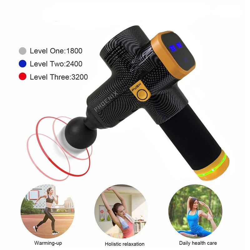 Phoenix A2 LCD Massage Gun with Four or Six Attachment Options, Black or Silver-Labeled Handheld Massager and US or EU Plug Choices for Adult Relaxation