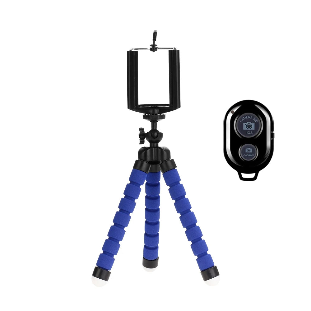 Mini Phone Tripod with Flexible Legs, Rubberized Rings and Removable Camera Link, Blue, Black or Red with Selected Remote Options for Tabletop Photography