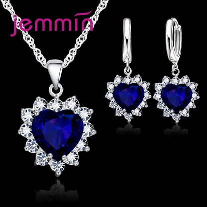 Heart Pendant Jewelry Set with Hoop Earrings and Listed Cubic Zircon Stones, Silver-Color Finish and Ten Gem Color Options for Wedding, Party and Anniversary Styling