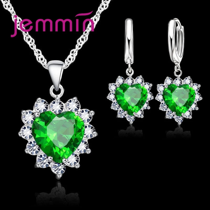 Heart Pendant Jewelry Set with Hoop Earrings and Listed Cubic Zircon Stones, Silver-Color Finish and Ten Gem Color Options for Wedding, Party and Anniversary Styling