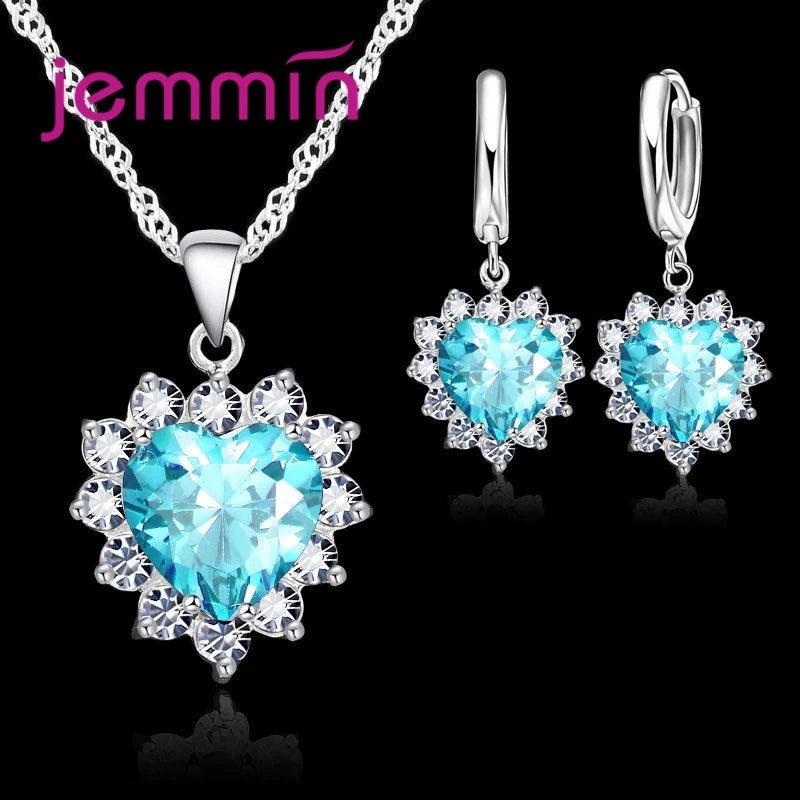 Heart Pendant Jewelry Set with Hoop Earrings and Listed Cubic Zircon Stones, Silver-Color Finish and Ten Gem Color Options for Wedding, Party and Anniversary Styling
