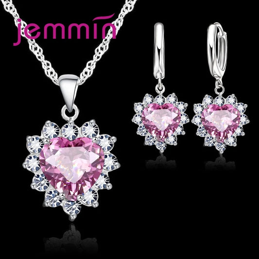 Heart Pendant Jewelry Set with Hoop Earrings and Listed Cubic Zircon Stones, Silver-Color Finish and Ten Gem Color Options for Wedding, Party and Anniversary Styling