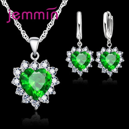 Heart Pendant Jewelry Set with Hoop Earrings and Listed Cubic Zircon Stones, Silver-Color Finish and Ten Gem Color Options for Wedding, Party and Anniversary Styling