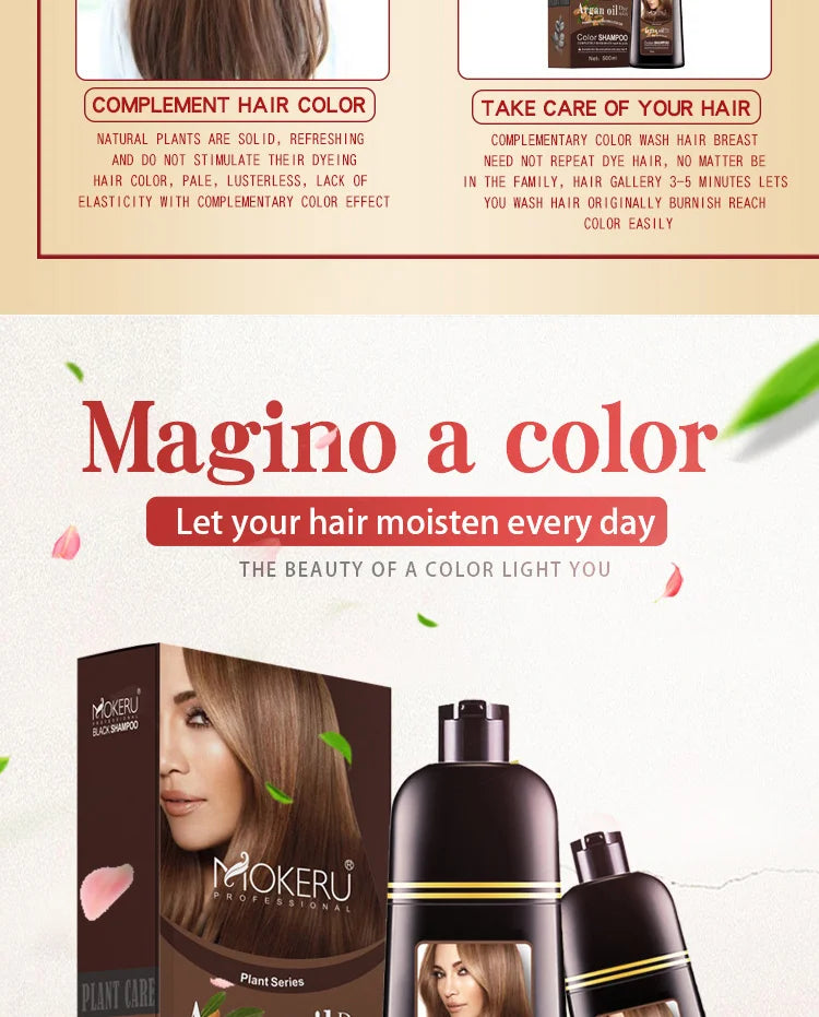 Hair Dye Shampoo by Mokeru with Listed Argan Oil, Black Brown Red Purple and Silver Gray Shade Options for Adult At-Home Hair Coloring Routines