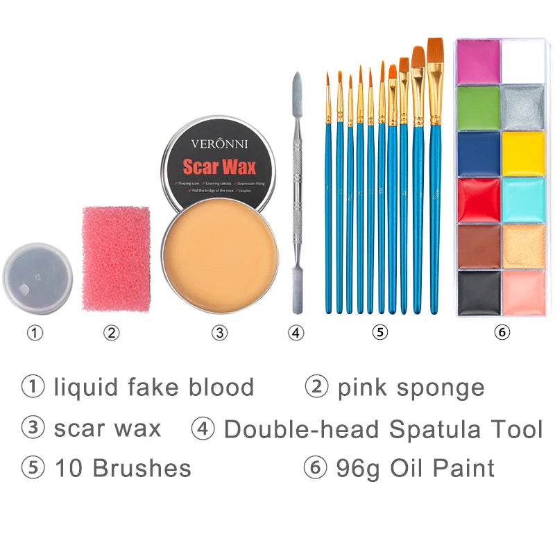 Oil Based SFX Face Paint and Makeup Kit Options with 42g or 96g Paint Labels, Brush Set Choices and Scar Wax References for Halloween and Stage Costumes