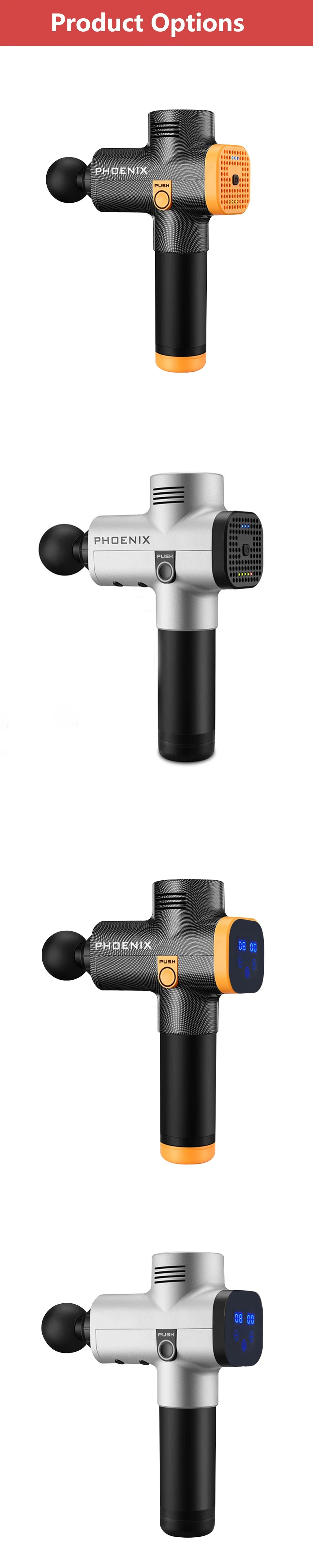 Rechargeable LCD Massage Gun Phoenix A2 with Four or Six Head Options, Adjustable Settings and Silicone Grip for Everyday Muscle Relaxation