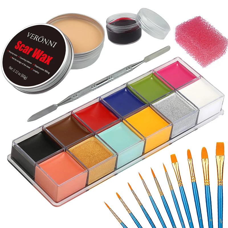 Oil Based SFX Face Paint and Makeup Kit Options with 42g or 96g Paint Labels, Brush Set Choices and Scar Wax References for Halloween and Stage Costumes