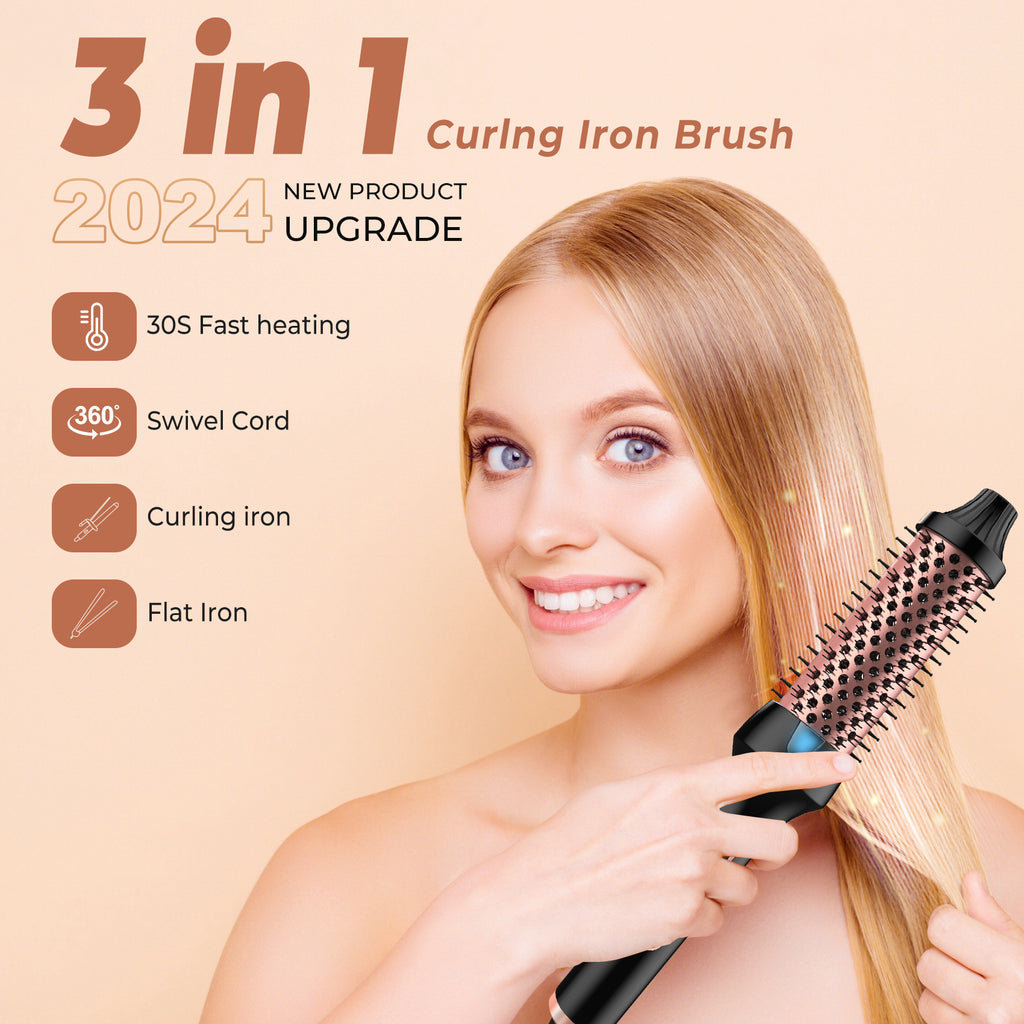 Ionic Heated Styling Brush with 38mm Barrel, Listed Dual PTC Heating, Nine Heat Settings and 60-Minute Auto-Off for Curling and Straightening, US Plug Option