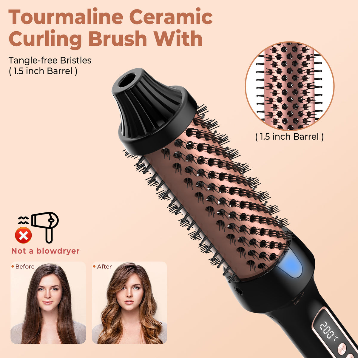 38mm Thermal Styling Brush with Dual PTC Heating, Nine Temperature Settings and 60-Minute Auto Shut-Off, Black Gold Hair Curler and Straightener