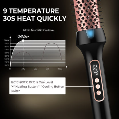 38mm Thermal Styling Brush with Dual PTC Heating, Nine Temperature Settings and 60-Minute Auto Shut-Off, Black Gold Hair Curler and Straightener
