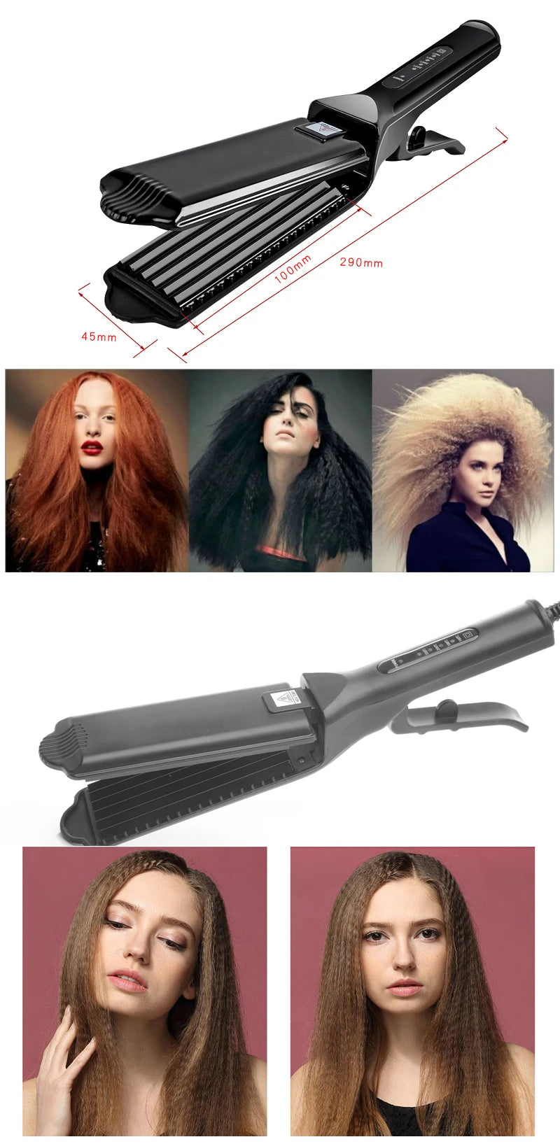 1.5 Inch Hair Crimper with Tourmaline Ceramic Coated Plates, Corrugated Wave Styling Iron for Home and Salon with US Plug and Box Options