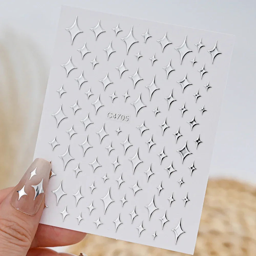 Silver Star Nail Stickers, 6 Sheets of Metallic 3D Self-Adhesive Chain and Heart Nail Art Decals for DIY Manicures, Party Looks and Salon Decoration