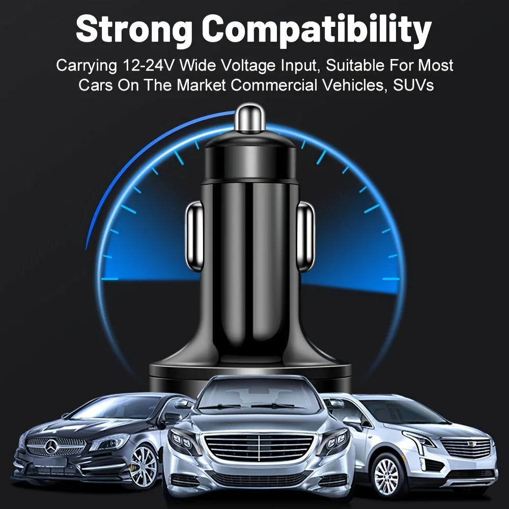 Dual Type-C Car Charging Adapter, Black Charger with Digital Display and Listed 6-in-1 Format and 3.1A Rating for Compatible Phones, Tablets and Power Banks